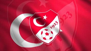 Abstract turkish football federation flag. Motion. Red and white waving flag with the ball and crescent on the emblem. For editorial use only. video