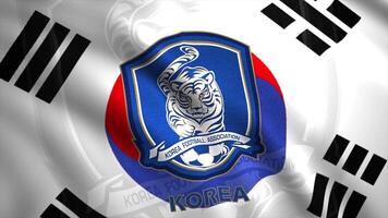 Wavy cloth background of the South korean football association. Motion. Colorful rippling flag with the tiger emblem, seamless loop. For editorial use only. video