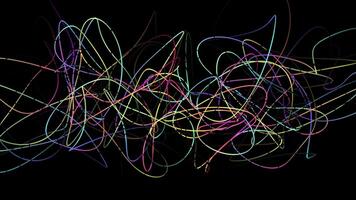 Fluctuations of colored tangled line. Motion. Colored line moves and curves on black background. Tangled line changes and vibrates video