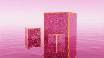 Abstract colorful background with bright three cubes standing on water surface. Design. Pink 3D cubic figures with rough surface in surreal landscape. video