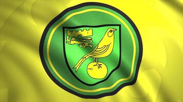 Abstract yellow canary on the green and yellow emblem of the Norwich City professional football club. Motion. Waving flag of sports club. For editorial use only. video