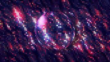 Bright background with rotating disco ball. Motion. Disco background with brilliant iridescent colors and rotating ball. Disco ball with beautiful color shimmers on repeating background video