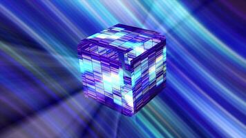 Futuristic glowing cube on striped background. Motion. Glowing striped cube on background of colorful lines. Futuristic cube hanging in cyberspace video