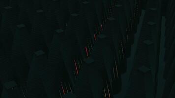 Futuristic rows of cones. Design. Black rows of cones stand out with neon glowing lines in dark space. Cybernetic cones with neon lines carry information data video