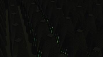 Rows of cones with neon lines. Design. Animation with dark rows of cones glowing with thin neon lines. Lots of dark triangular modules with neon lines video