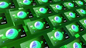 Rows of new virtual visa banc credit cards. Motion. Special card design with a cosmic background and a space planet. video