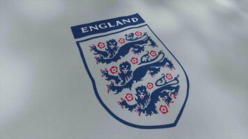 Flag of English football club. Motion. Bright developing flag with logo of football club. Flag with coat of arms of England football team video