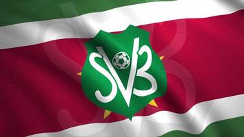 suriname National Fußball Mannschaft Flagge mit horizontal bunt Streifen und das Emblem mit ein Ball. Bewegung. Konzept von Sport Spiele, nahtlos Schleife. zum redaktionell verwenden nur. video