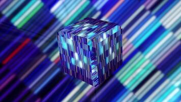 Bright cube in game. Motion. Shimmering colorful cube in cyberspace. Neon striped cube opens in game space video