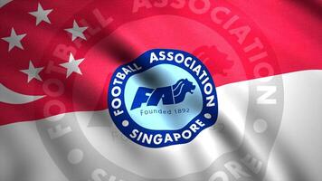 Beautiful waving flag at football championship. Motion. Flag of country with emblem of football association. Presentation of Singapore flag with football logo video