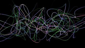 Fluctuations of colored tangled line. Motion. Colored line moves and curves on black background. Tangled line changes and vibrates video