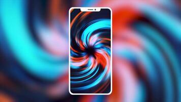 Smartphone screen with spiral. Motion. Bright screen of new phone model with splash screen. Colorful spiral on phone screen immerses and hypnotizes. Advertising animation for smartphone video