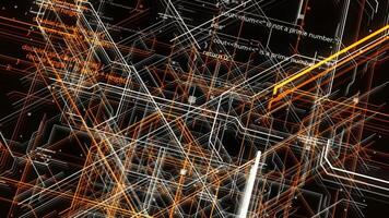 Abstract conceptual background with neuron data information and network connections. Animation. Crossing orange and white lines and program code. video