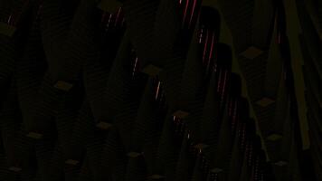 Abstract background with many rows of cone shaped pillars with cut top and red light flares. Design. Field of 3D striped columns. video