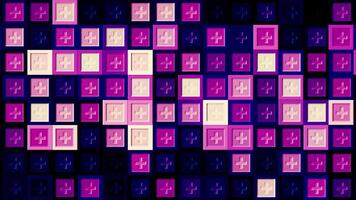 Mosaic varicolored abstract wall. Motion. Pink and purple rows of bright shimmering cubes with plus symbols, seamless loop. video