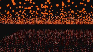 Abstract orange cloud of spheres flowing with the reflection on a black background. Design. Endless quantity of colorful circles creating horizontal flow, seamless loop. video