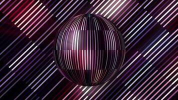 Bright multi colored geometric figure rotating on the background of rainbow lines. Motion. Beautiful 3D sphere of narrow glowing lines. video