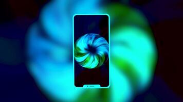 Abstract silhouette of a new new smartphone with blurred animation behind it on black background. Motion. Rotating colorful spiral on a phone screen. video