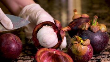 a chefe de cozinha abre com uma pequeno faca cortes a mangostão com dele mão mostrando este dentro é uma tropical exótico fruta cozinha variado apropriado nutrição dentro caloroso países caro frutas video