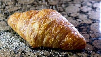 fechar-se delicioso apetitoso fresco crocante croissants borrifado com em pó açúcar saboroso Comida almoço lanche poroso estrutura cozimento dieta Lugar, colocar para texto publicidade cardápio francês café da manhã video