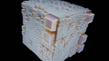 Rotating cube with futuristic texture. Design. 3D cube with bulging squares rotates on black background. Futuristic cube design with square 3d bulges video