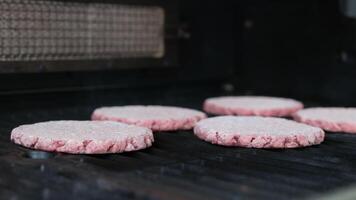 A la parrilla chuletas carne hamburguesas o en forma de chuleta empanada siendo superficial frito en petróleo en fritura cacerola, cerca arriba. ruso o polaco versión de chuletas - kotlety. hogar Cocinando tostado picado carne. video