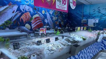 Vietnam ho chi minh città 20.05.2024 nel il supermercato, il pesce Dipartimento, pesce e frutti di mare con prezzi, un' angolo con ghiaccio e congelato fresco cibo. video