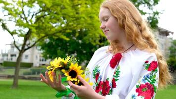 lindo ruivo ucraniano menina dentro a bordado blusa flores vermelho papoilas em uma branco camisa girassóis guirlanda dentro cabelo fitas natureza Ucrânia patriotismo nacional roupas é chegando para dentro moda video