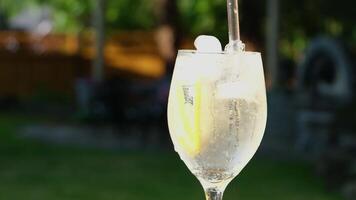 Hand lets go of a straw after mixing glass with water, lemon wedge, lime, and ice cubes. Super slow motion. video