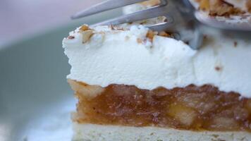 delicioso maçã Charlotte em casca rija pastelaria com mascarpone queijo e nozes em principal, pausa a delicado camada com garfo macro cenas delicioso servindo do sobremesa prazer céu maçã torta video