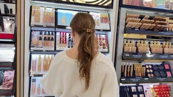 Teenage girl in white jacket and black pants walks around cosmetics store looks at lipstick lip gloss 06.04.22 Paris France video