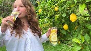 es ist gerade ein Zitrone Paradies, ein Teenager Mädchen steht gegen das Hintergrund von ein Zitrone Baum mit Zitronen und Getränke Limonade von ein Glas Glas im ihr andere Hand, sie hält ein Krug von trinken video