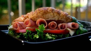 Croissant with meat and vegetables. Fresh vegan croissant. Vegan healthy breakfast with delicious croissant. video