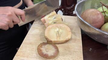 besnoeiing en bereiden fruit voor de tafel gouden blad boom, ster appel of chrysophyllum cainito fruit cainito, caimito, teer appel, ster appel, Purper ster appel, gouden blad boom, abiaba, pomme de lait video