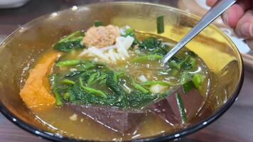 Pieces of blood Beef blood soup pieces of blood in soup asian food with glass vermicelli and spinach vegetables video