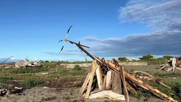 houten huis van borden in kinderjaren Aan de oceaan de windmolen propeller Aan de huis is gemaakt van de veren van een groot vogel adelaar een hut Aan de kust gemaakt van bomen dat kapot gegaan naar beneden van een storm video