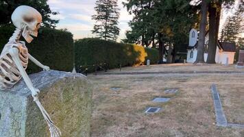 The skeleton stands near the tombstone and holds on to it looks down it is in the cemetery Halloween holiday in autumn it is possible to use it as a background for some text the camera slowly floats video