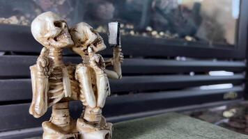 Halloween decorations joke Skeletons without legs take a selfie look at a mobile phone they smile with all their teeth and show two fingers up as if Victor place for text on background of fireplace video