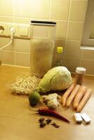 ingredients to cook asian soup, bean sprouts, carrots, cabbage, chili pepper, lime, coriander photo