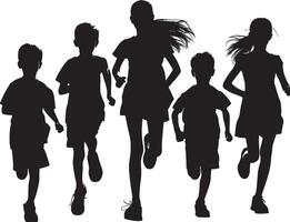 silhouettes of running children illustration, group of active kids playing clipart graphic, front view vector