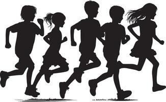 silhouettes of running children illustration, group of active kids playing clipart graphic, front view vector