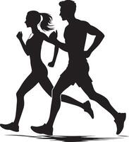 silhouettes of a running couple illustration, active couple jogging together clipart graphic, side view vector