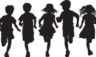 silhouettes of running children illustration, group of active kids playing clipart graphic, front view vector