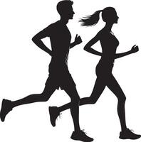 silhouettes of a running couple illustration, active couple jogging together clipart graphic, side view vector