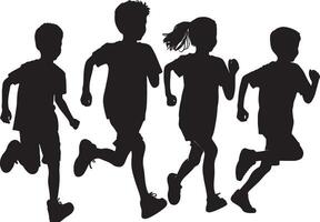 silhouettes of running children illustration, group of active kids playing clipart graphic, front view vector