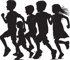 siluetas de corriendo niños ilustración, grupo de activo niños jugando clipart gráfico, frente ver vector