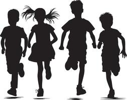 silhouettes of running children illustration, group of active kids playing clipart graphic, front view vector