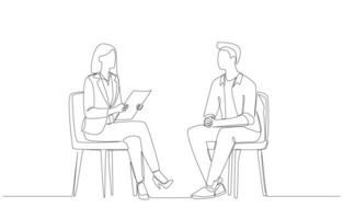 Continuous one line drawing of female account executive meeting client to get feedback, customer relationship concept, single line art. vector