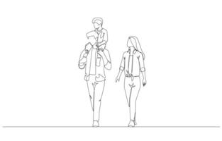 Continuous one line drawing of father walking with mother while lifting his son on shoulder, happy family concept, single line art. vector