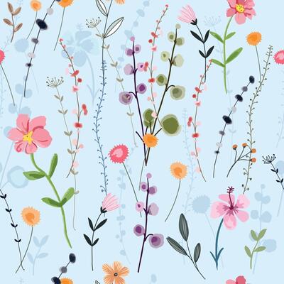 Wild flower forest on light blue background seamless pattern